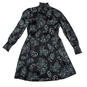 LOFT Women Mini Dress‎ Size 8 Black Floral Long Sleeve Mock Neck Boho Chic